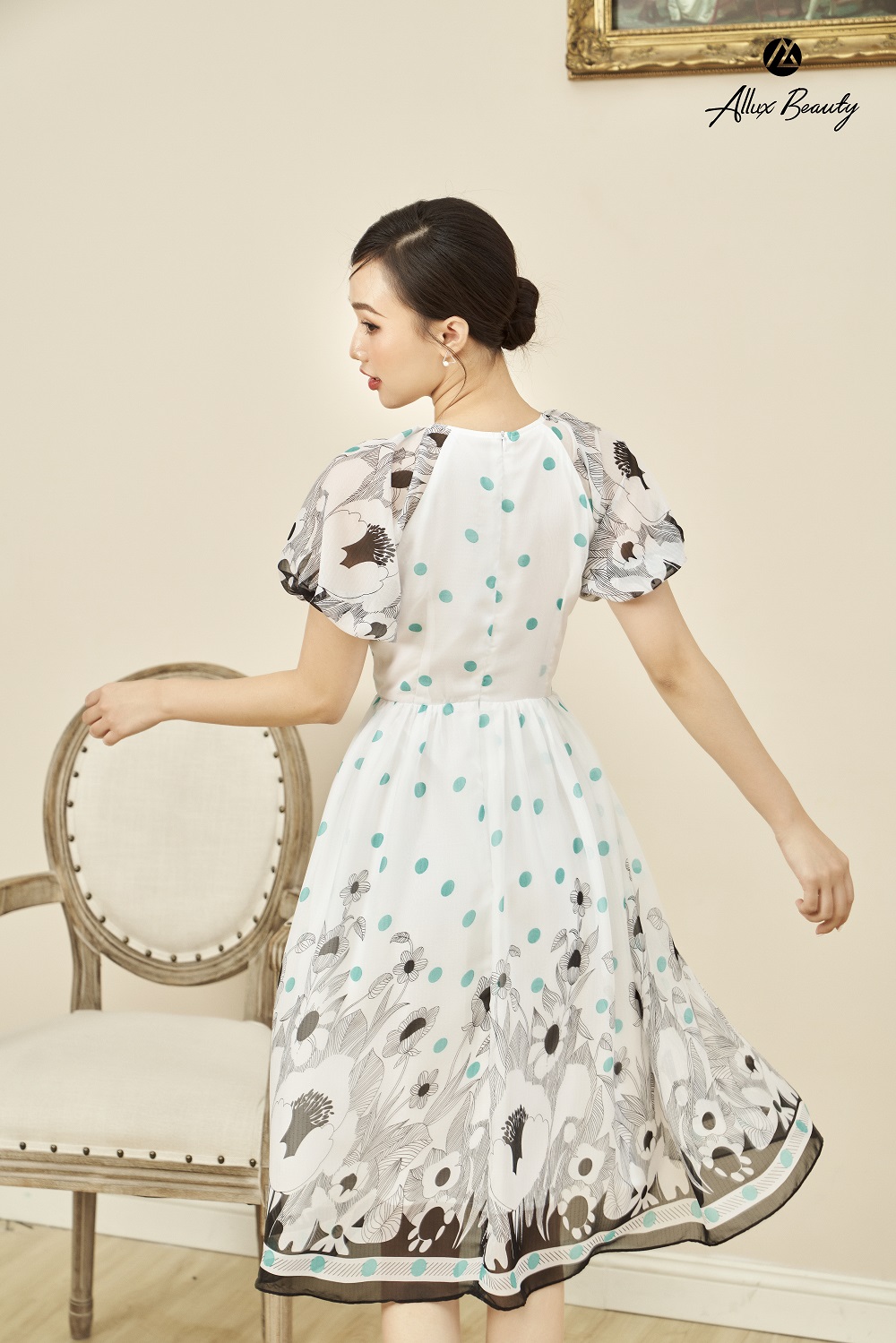 Đầm chấm bi dáng chữ A phối nút KK103-13 | Thời trang công sở K&K Fashion
